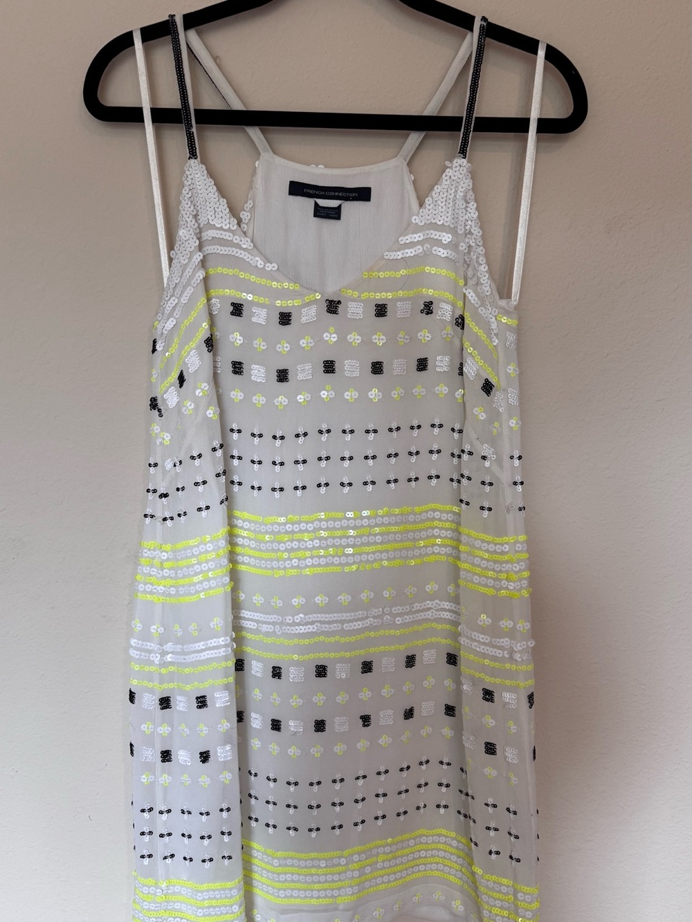 French Connection White Slip Dress with Neon Yellow & Black Sequin Accents